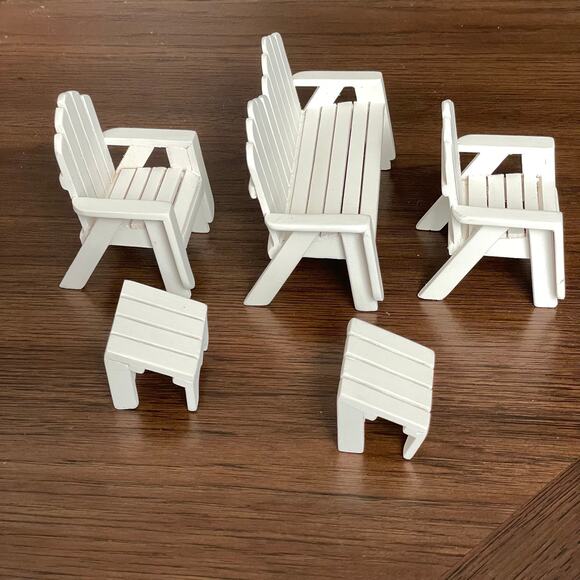 Miniature Adirondack Dollhouse Furniture White Wooden Bench Chairs 5 Piece 1:12 - Picture 5 of 10